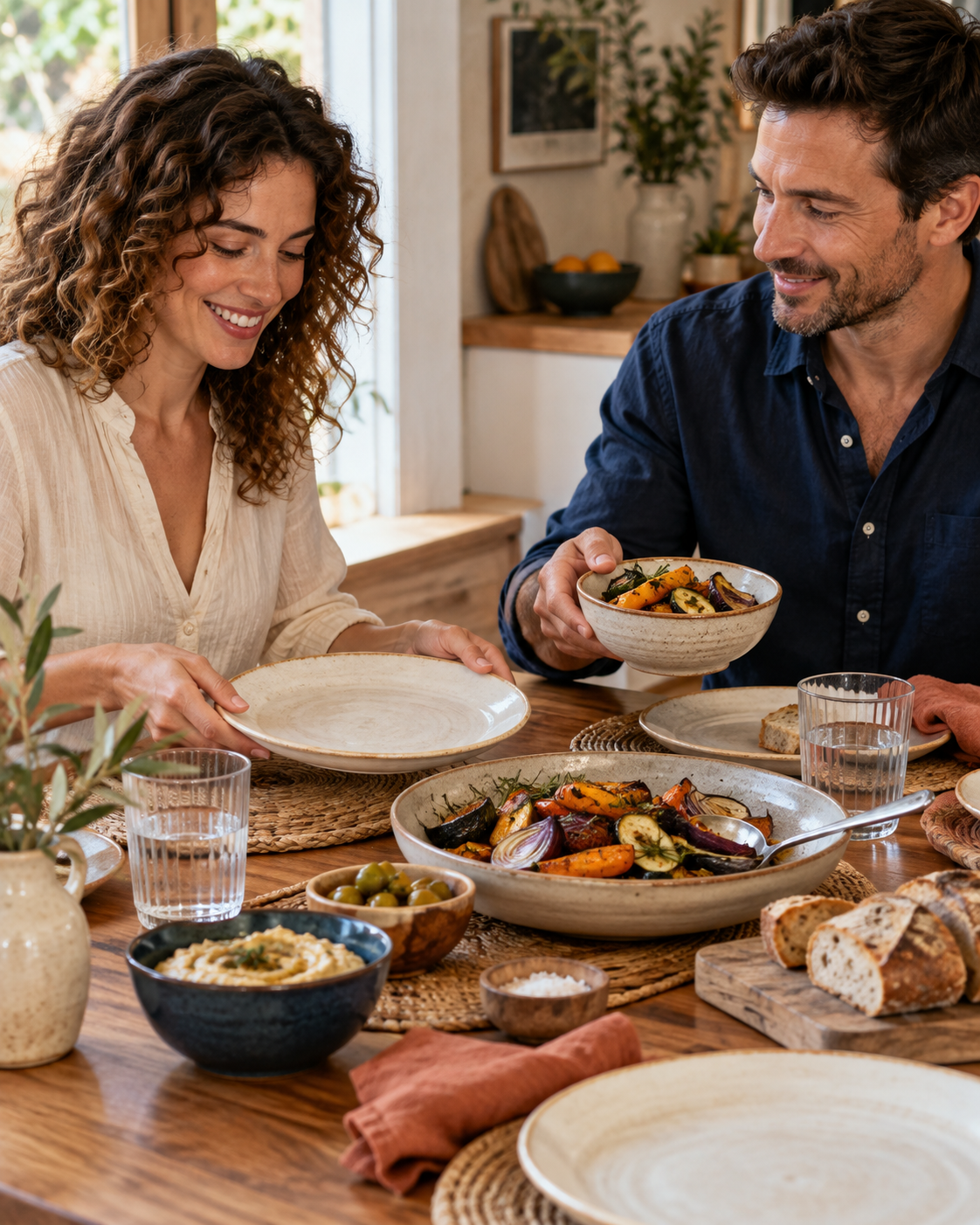 Two people setting plates around a home-cooked meal